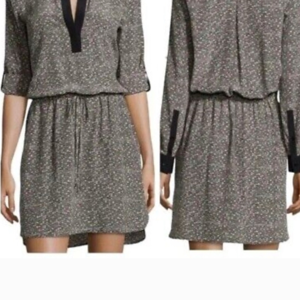 Vince Gray Printed Drawstring Waist Mini Dress with Black Trim